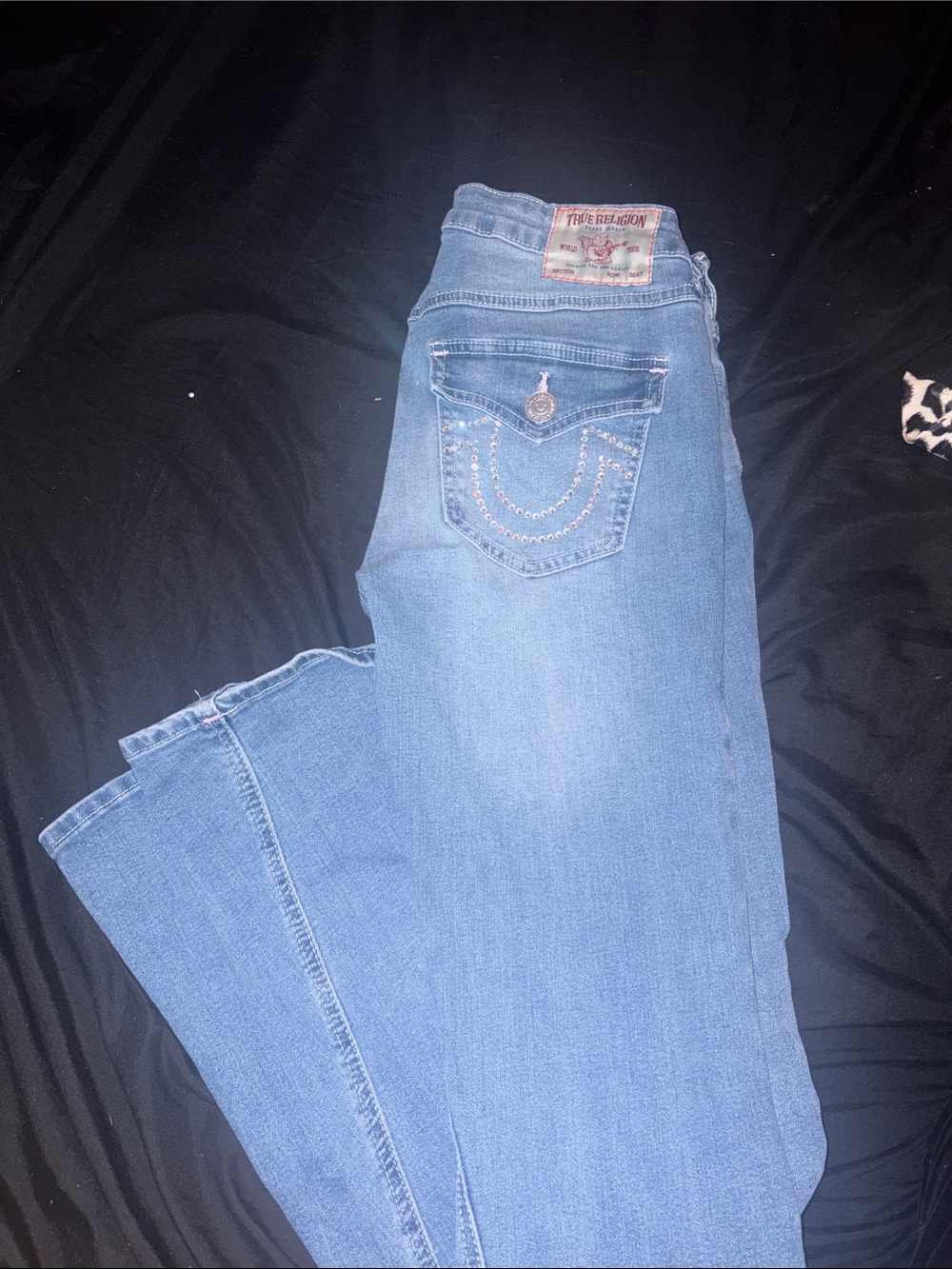 True Religion Women's Light Blue Boot Cut Jeans with Embellished Back Pocket
